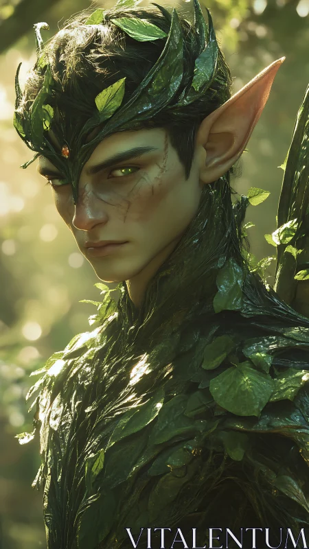 Forest elf guardian gazes calmly through sunlit leaves