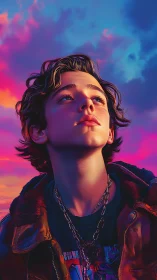 Youthful portrait under saturated neon dusk sky with rim lighting