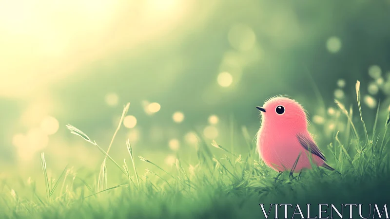 Cute pink bird in dreamy meadow, digital art with soft lighting.
