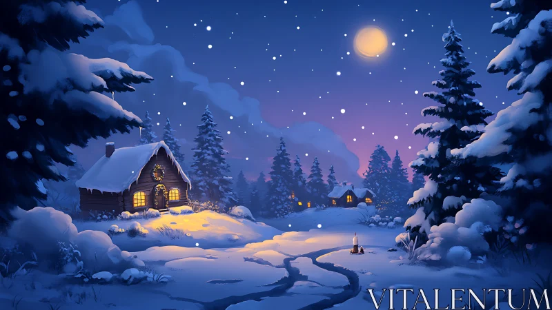 Snowy cabin glows beneath a tranquil winter moonlit sky.