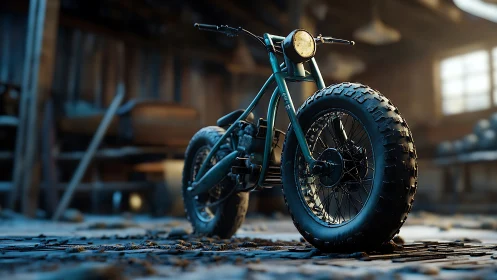 Custom fat-tire mini bike in moody sunlit workshop.