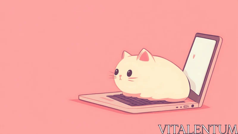 Chubby pastel cat resting on open laptop keyboard illustration.