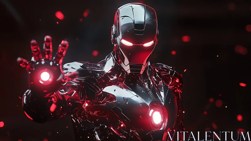 Armored cybernetic hero unleashes red energy blast in darkness.