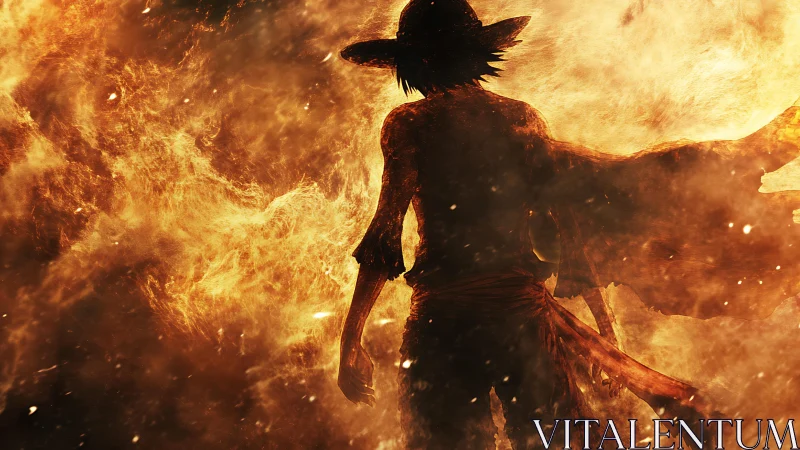 Lone wanderer wrapped in blazing, dreamlike wildfire glow.