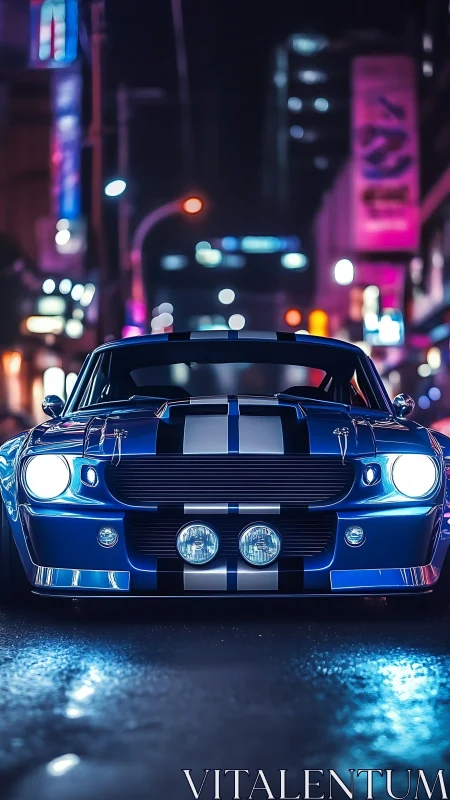 Blue muscle car with racing stripes parked on neon city street