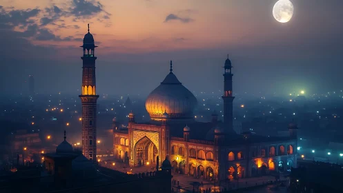 Moonlit Mughal-style mosque skyline under blue-orange dusk