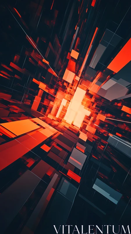 Geometric corridor of red and black abstract blocks in depth.