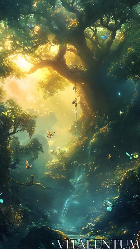 Sunlit forest sanctuary shimmers with quiet, magical life