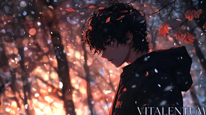 Side profile of hooded youth in autumn forest light.