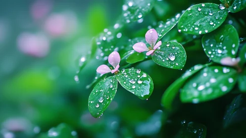 Plant foliage with water droplets and pink buds in sharp focus.