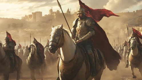 Sunlit cavalry commander leading crimson-bannered charge.