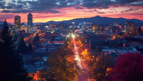 Sunset-lit city boulevard glows beneath ember-streaked sky.