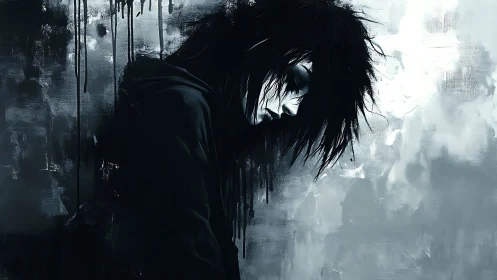 Melancholic figure in dark dripping abstract portrait.