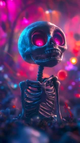Neon lit stylized skeleton rendered in shallow depth fantasy forest