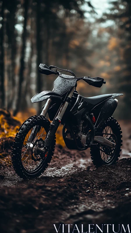 Off-road motorcycle stands on wet forest dirt track