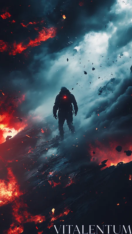 Lone space explorer walks through fire and stormy smoke