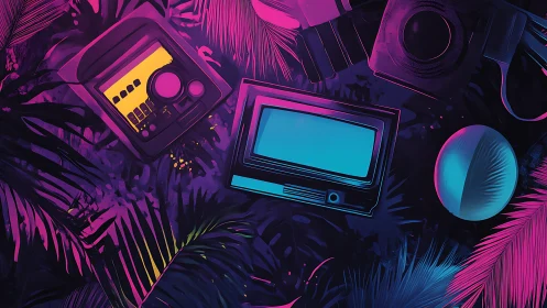 Neon jungle electronics with retro CRT centerpiece composition.