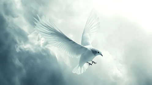 White bird glides through bright clouded sky in mid flight