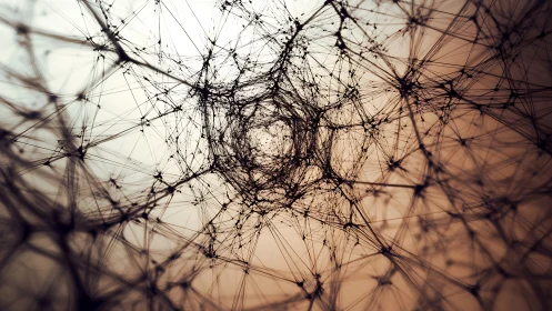 Intricate neural lattice spiraling through warm gradient space.