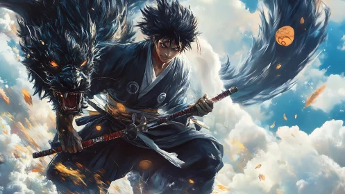 Dynamic samurai warrior channels spectral wolf amid turbulent sky