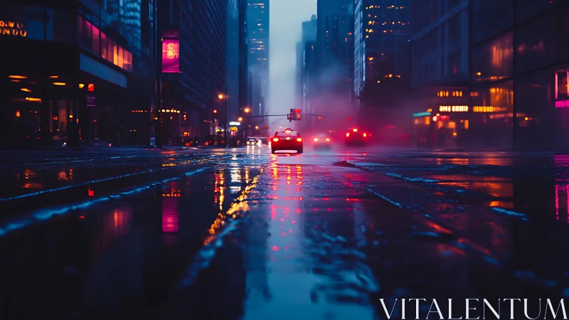 Neon taxi cuts through rain-soaked downtown street at dusk.