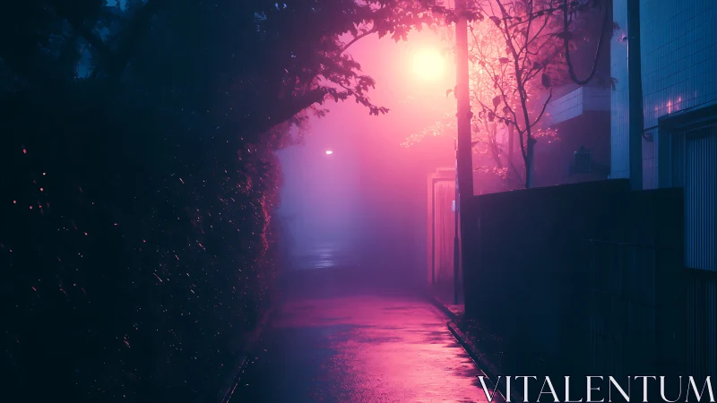 Foggy alleyway rendered in high contrast magenta cyan lighting