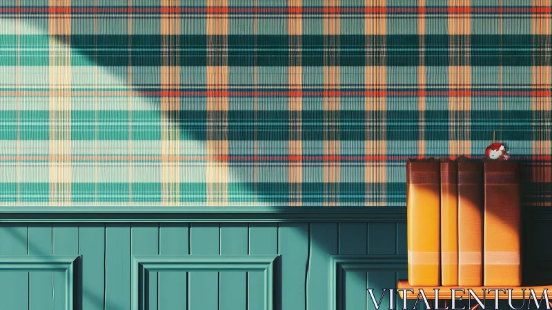 Vintage plaid wallpaper with teal wainscoting and stacked books.