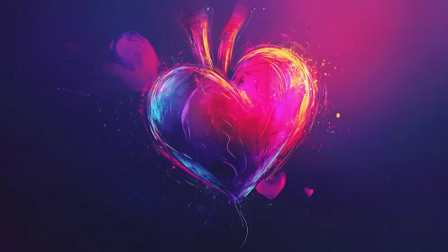 Neon heart form with radiant luminescence on dark ground.