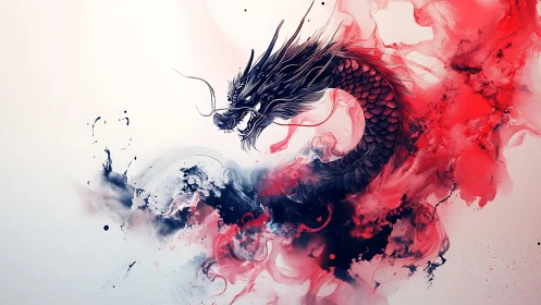 Ink-formed dragon figure within red and black cloud forms.