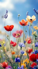 Vibrant wildflower meadow blooms under brilliant blue sky