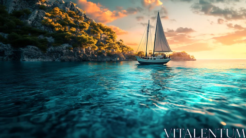 Sunlit sailboat glides across turquoise bay at golden hour