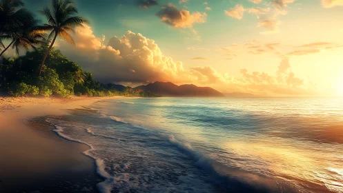 Golden tropical shoreline glowing in gentle evening light.