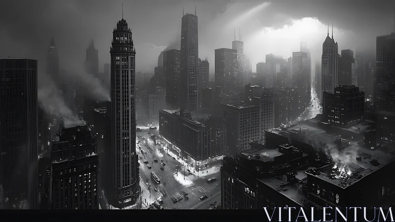 Noir metropolis skyline under storm-lit midnight clouds.