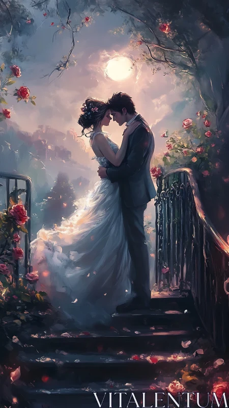 Luminous moonlit bridal embrace on rose-framed stairway.
