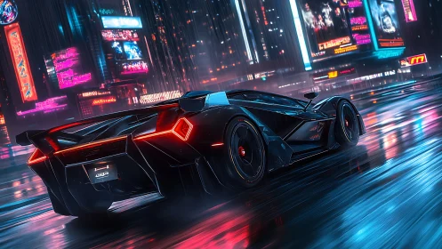 Futuristic hypercar accelerates through neon‑lit cyberpunk avenue