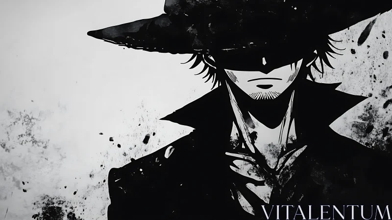 Ink-wash anime gunslinger silhouette with high-contrast splatter.