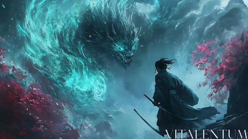 Samurai confronts glowing spectral dragon in misty ravine