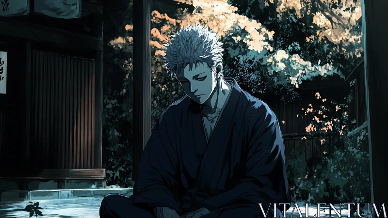 Moonlit courtyard hush cradles the brooding swordsman