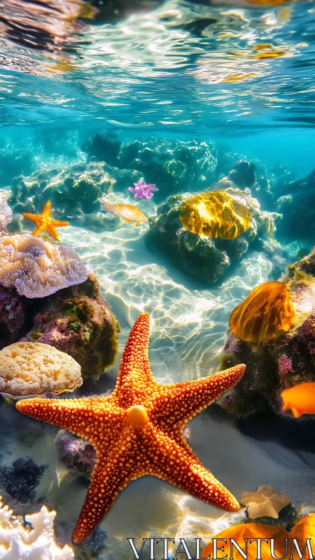 Sunlit starfish rest over vibrant coral reef seafloor.