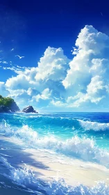 Cloud kingdoms rise above a crystalline turquoise shoreline.