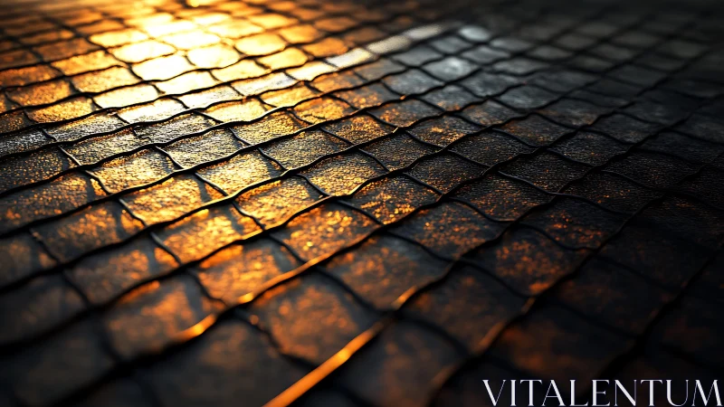 Golden light reflecting on textured cobblestone surface, abstract style.