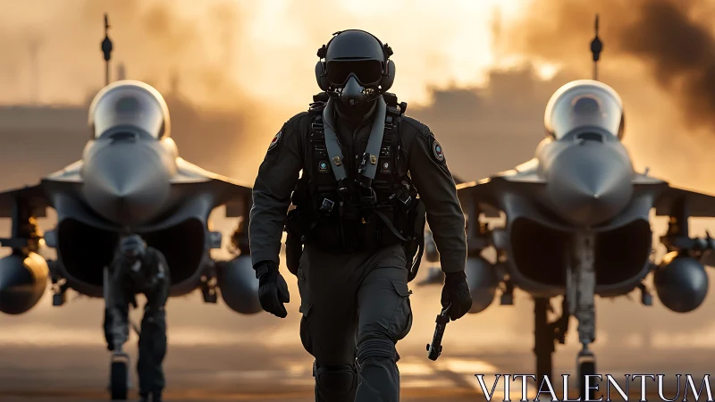 Sunlit fighter pilot strides confidently between two jets
