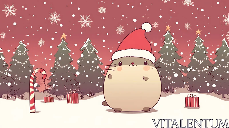 Chubby cartoon hamster wears Santa hat in snowy forest