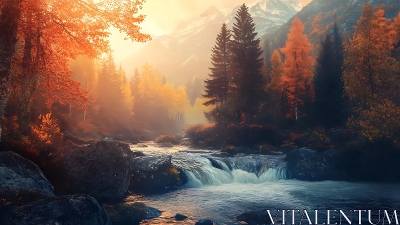 Autumn river cascade under diffused alpine backlight glows