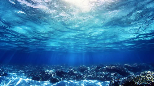Sunlit shallow underwater seascape with coral reef terrain.