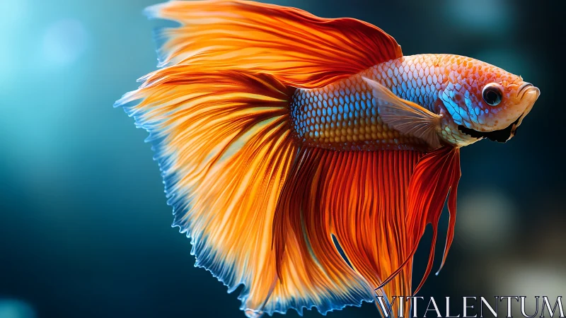 Orange betta fish glides through deep blue aquarium water