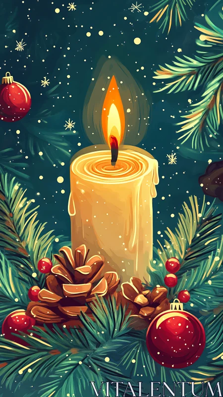 Glowing holiday candle warms a snowy evergreen wreath scene