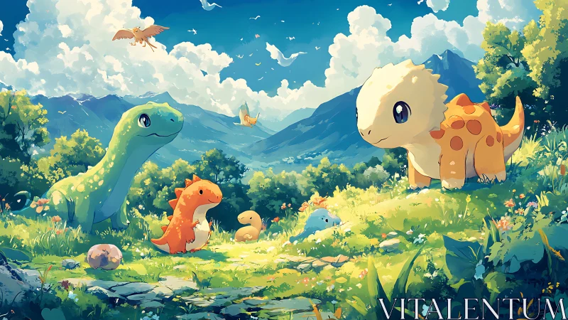 Baby dinosaurs bask in a sunlit valley of lush wonder
