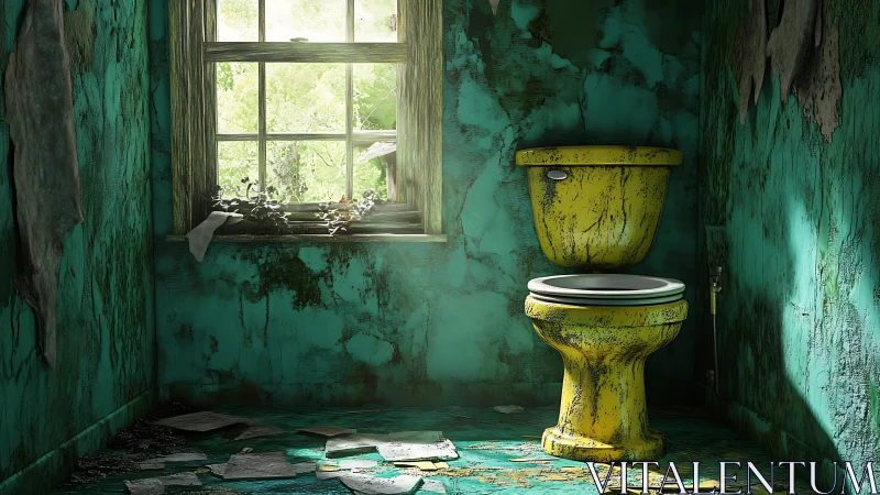 Sunlit yellow toilet in a gently crumbling teal bathroom.