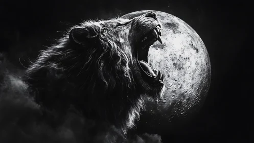 Roaring lion silhouettes against a glowing full moon night